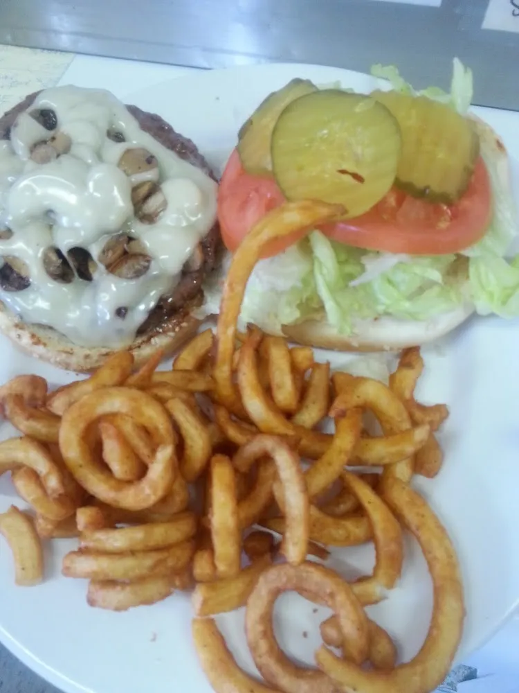 Mushroom Swiss Burger with Curly Fries